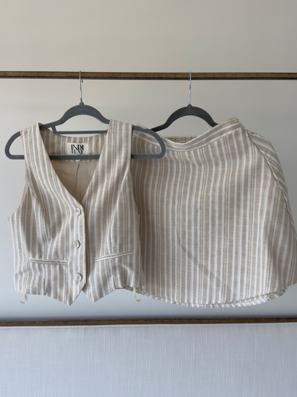 Mura Boutique Beige & White Striped Linen-Look Vest and Skirt Set